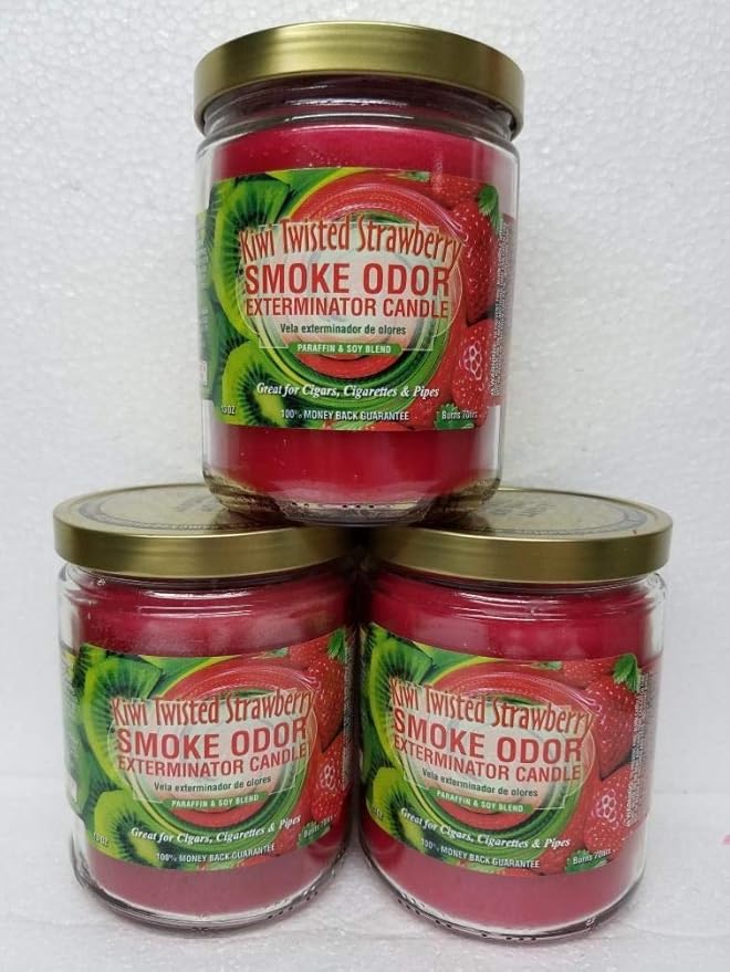 Smoke Odor Exterminator 13 oz Jar Candle, Kiwi Twisted Strawberry Set of Three Candles.