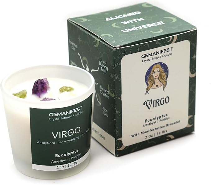 Virgo Crystal Candle with Zodiac Bracelet Virgo Gifts for Men Women Eucalyptus Soy Candles for Home Scented Birthday Astrology Gifts for Candle Lovers Spiritual People