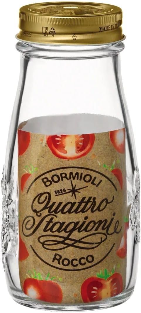 Bormioli Rocco Quattro Stagioni, Glass Canning Jar and Drinking Bottle, 13.5 Oz. with Gold Metal Airtight Lid, Made in Italy.