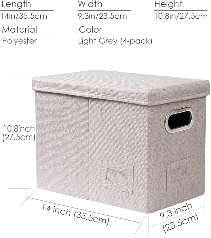 PRANDOM File Organizer Box - Set of 4 Collapsible Decorative Linen Filing Storage Hanging File Folders with Lids Office Cabinet Letter Size Light Grey (14x9.3x10.8 inch)