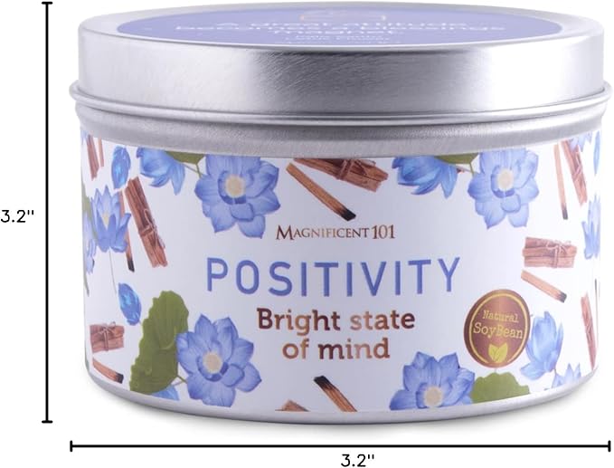 MAGNIFICENT 101 Positivity Aromatherapy Candle in 6-oz. Tin Holder: Soy Wax with Palo Santo & Lotus Flower Oils and Pure Sage Leaves for Intention Setting & Energy Cleansing