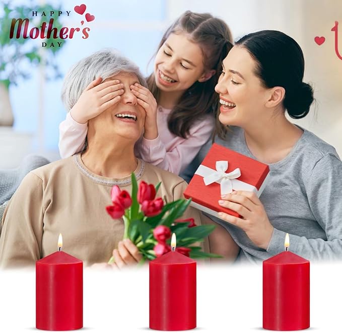 Set of 4 2x3 Inch Red Pillar Candles, Small Unscented Dripless Solid Colored Cylinder Column Candles for Home Party Holiday Dinner Table Decoration - 24 Hour Burning Time