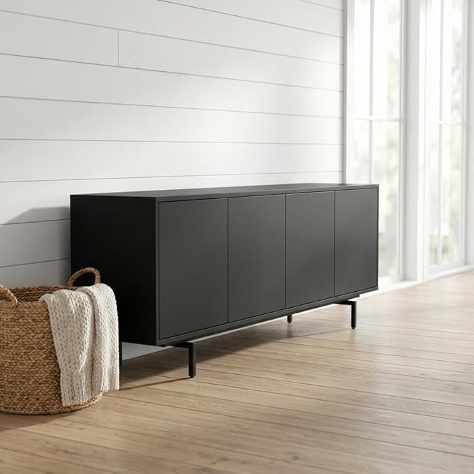 Furnifact Black Laminate TV Console with 4 Doors, Modern Transitional Industrial Style, Engineered Wood Construction, Durable, Stylish, Easy to Maintain