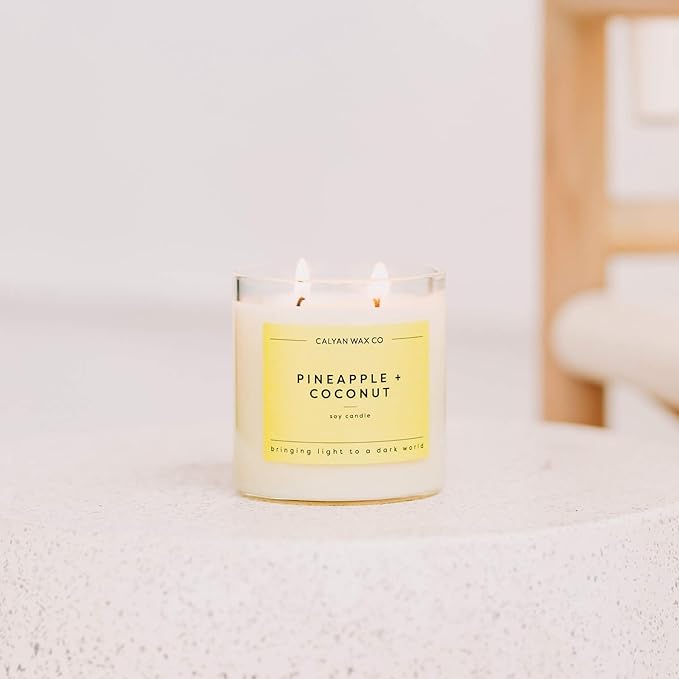 Calyan Wax Co. Pineapple & Coconut 2 Wick Scented Candle - 37 Hour Burn - Luxury Non Toxic Soy Wax Candles - Long Lasting Large Glass Jar Candle for Home - 8.8oz