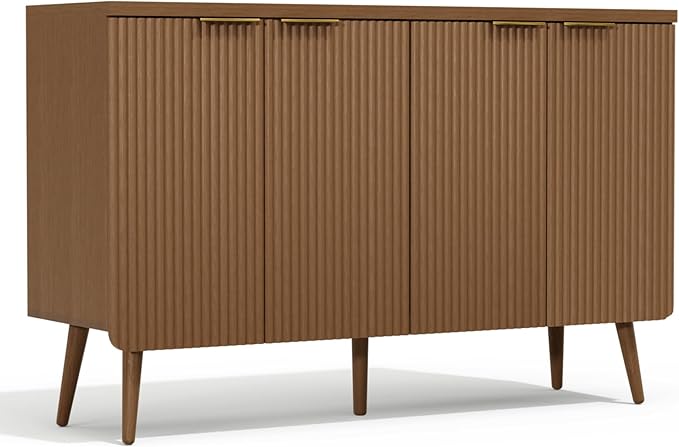 47.2" Sideboard Buffet Cabinet with Storage, Modern Fluted Accent Credenza with 4 Doors, Buffet Media Console Entryway Cabinets with Adjustable Shelves for Living Dining Room Hallway, Walnut