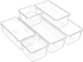 Clear Acrylic Drawer Organizer Trays, 5 Size Junk Box Organization Small Storage Container Bin for Desk Makeup Bathroom Vanity Kitchen Tool Make Up Workspace Home Dorm Apartment Office Room Nightstand