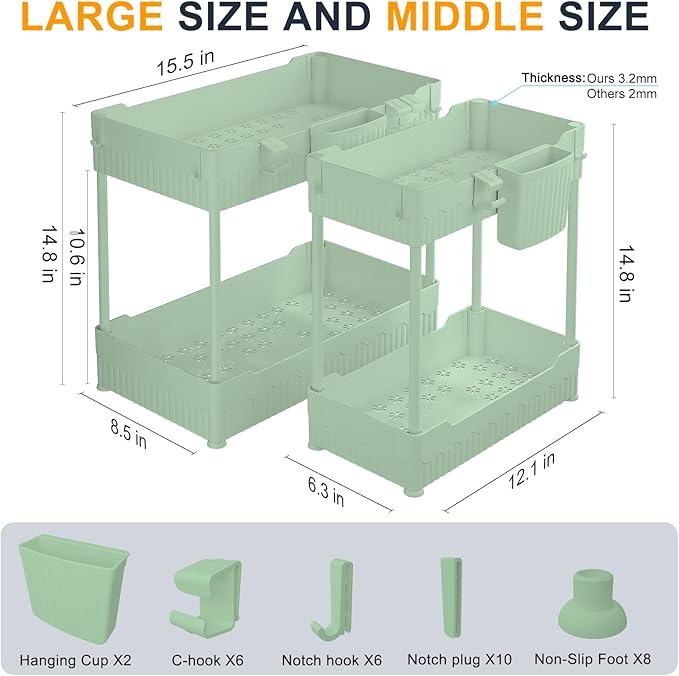 2 Pack Under Sink Organizer, Under Bathroom Cabinet Organizer with Hooks Hanging Cup, Multi-Purpose Storage Shelf for Kitchen Bathroom (Green, 14.8 Inch)