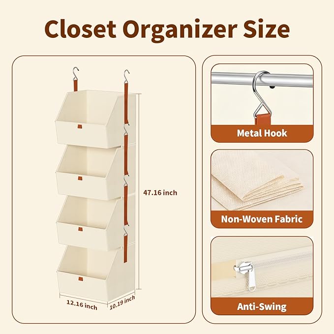 Hanging Closet Organizer 4 Tier, Clothes Hanging Shelves with Foldable Storage Baskets, Space-Saving Closet System for Bedroom, Home, Dorm, RV, Hat, Bags, Shoes