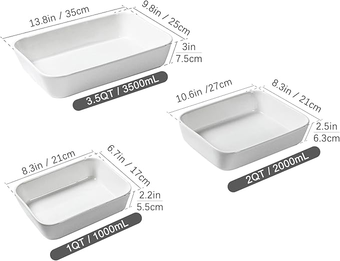 UNICASA Ceramic Oven Dishes, Set of 3 Lasagne Dishes 1000/2000/3500 ML, Rectangular Casserole Dishes, Non-Stick Reactive Glaze, White Casserole Oven