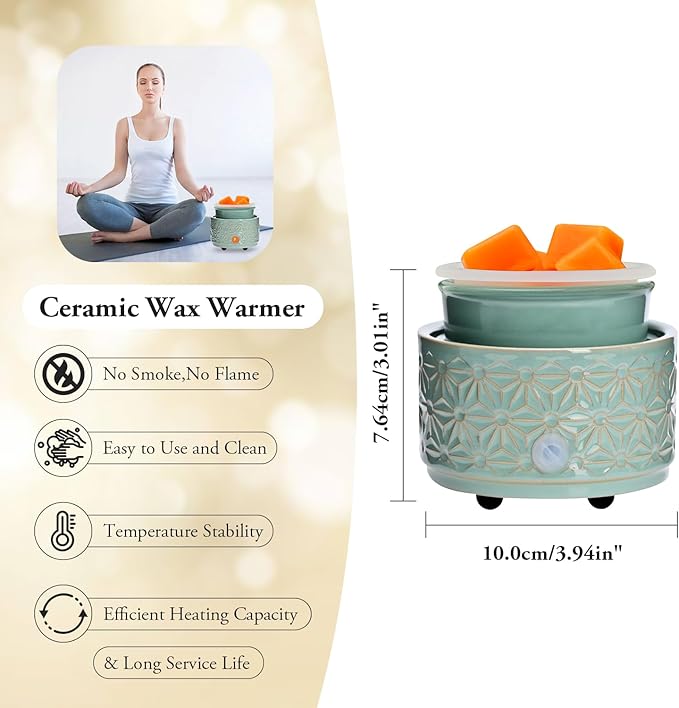 ASAWASA Wax Melt Warmer with 1 pc Silicone Dish,3-in-1 Ceramic Wax Melter Burner for Kitchen Home Spa Yoga Gift (Cyan Hexagon Pattern)