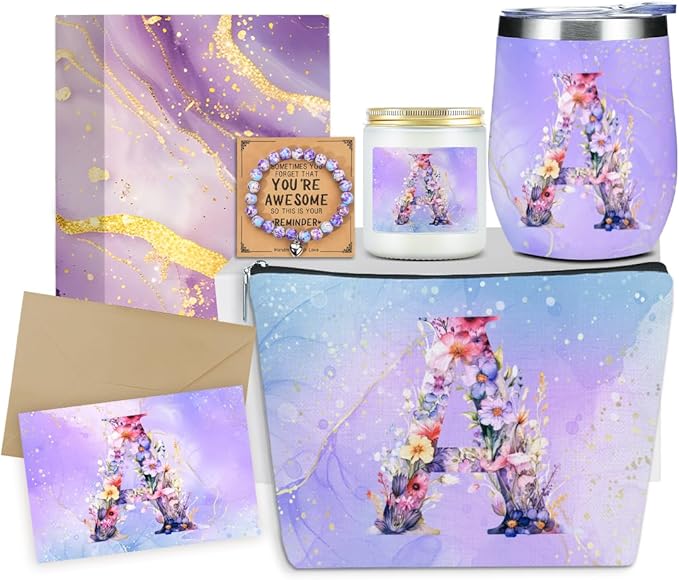 Personalized Gifts Monogrammed Birthday Gifts for Women, Bridesmaid Bachelorette Party Wedding Christmas Initial Wine Tumbler Makeup Bag (Aesthetic Purple Flower A)