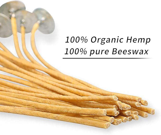 6In Hemp Wick,100 Piece Hemp Candle Wicks in 3mm,Pre-Waxed by Natural Beeswax & Tabbed,Thick Candle Wick for Candle Making