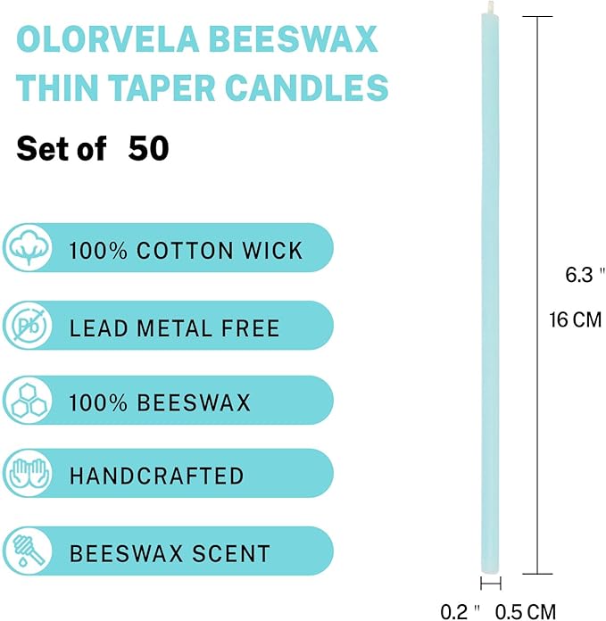 Pure Beeswax Candles, 6.3" Decorative Thin Taper Candles,Honey Scented, Dripless, Smokeless, 30min Burn Time for Birthday, Dinner, Prayer, Church, Hanukkah, Christmas (Blue, 50 pcs)