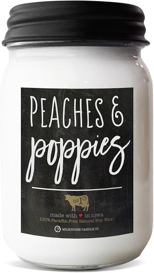 Milkhouse Candle Company Peaches & Poppies Soy Candle - Ripe Peaches | Wild Poppies | Vanilla Bean Scented - 13 oz Mason Jar with Lid, 70+ Hour Burn Time, Made in The USA