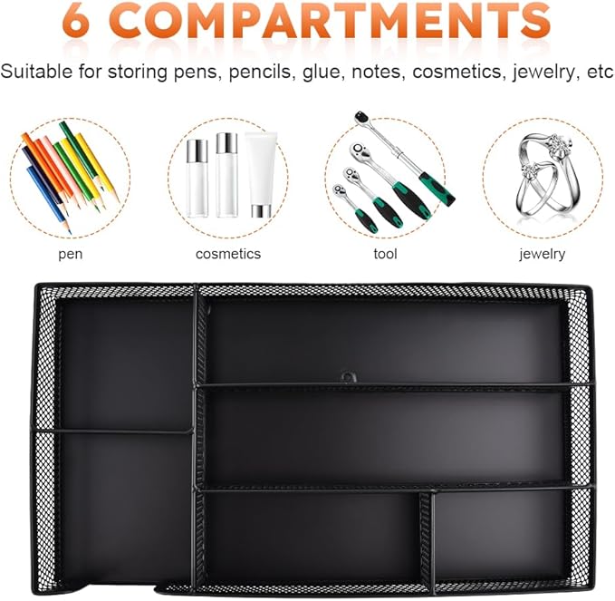 Desk Drawer Organizer Tray,11.02 x 6.1 x 1.46inch 6 Compartments Metal Mesh Dividers,Desk Organizers Storage Tray for Pens Organizer,for Desk Drawer Tray Box Accessories