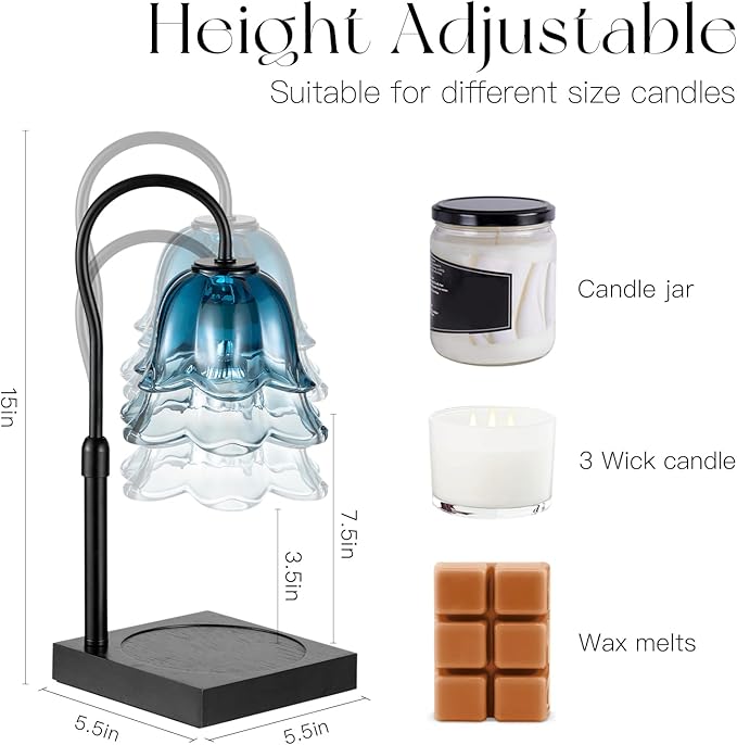 Candeldo Candle Warmer Lamp with Timer: Navy Blue Flower Candle Warming Lamp with 2 Bulbs Height Adjustable Wax Warmer Dimmable Bedroom Decor Mothers Day Birthday Gift for Women