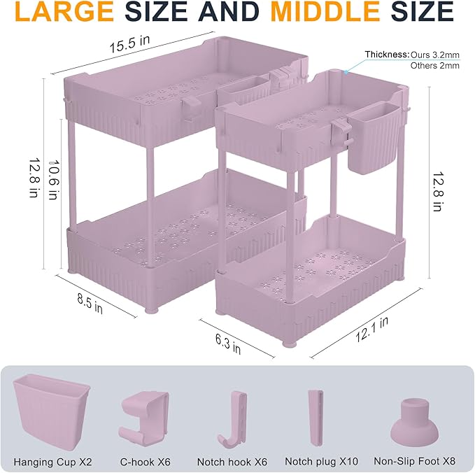 2 Pack Under Sink Organizer, Under Bathroom Cabinet Organizer with Hooks Hanging Cup, Multi-Purpose Storage Shelf for Kitchen Bathroom (Pink, 12.8 Inch)