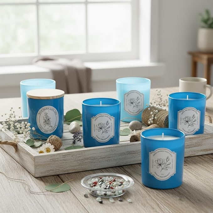 12Pcs Assorted Blue Glass Candle Jars with Wooden Lids for Making Candles, 10 OZ Empty Candle Jars with Labels and 100g Crystal Rocks, Candle Making Supplies Candle Containers for Home DIY & GIFTS