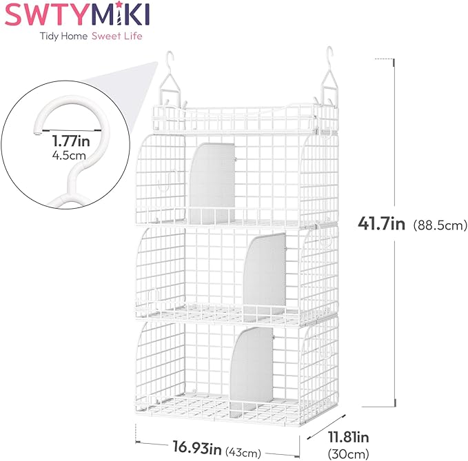 SWTYMIKI Hanging Closet Organizer Storage - 4 Tier Metal Stackable Hanging Closet Shelves with Dividers and S Hooks, Foldable Clothes Shelves for Clothes, Pants, Shoes, Coat, Hats Clutches Accessories