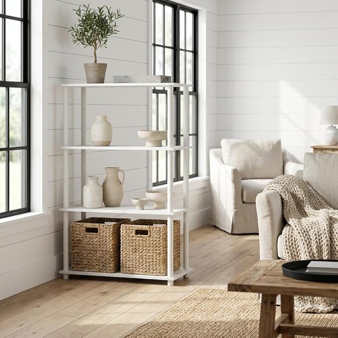 Furnifact White Bookcase, Modern Design, Sturdy Wood, Home or Office Storage, Ample Space for Books and Decorative Items
