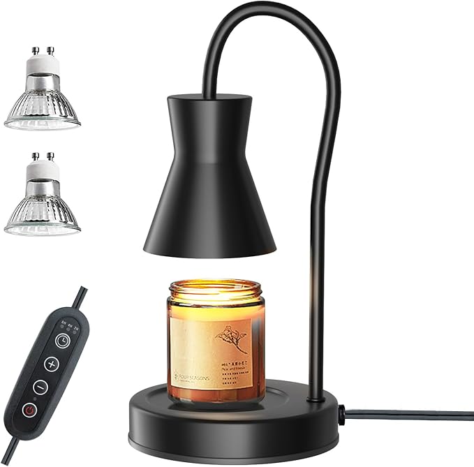LALISU Candle Warmer Lamp with Timer and Dimmer, Vintage Electric Melter Candle with 2 Bulbs, Melter Scented Height Adjustable Compatible with Jar Candles, House Warming Gifts (Black)