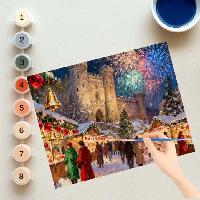 EnLvYY Christmas Market Paint by Numbers Adult 16x20 Inch, DIY Acrylic Painting Kit for Beginners, Castle Fireworks Holiday Night Scene Wall Art Home Decoration, Gift for Family and Friends, Unframed