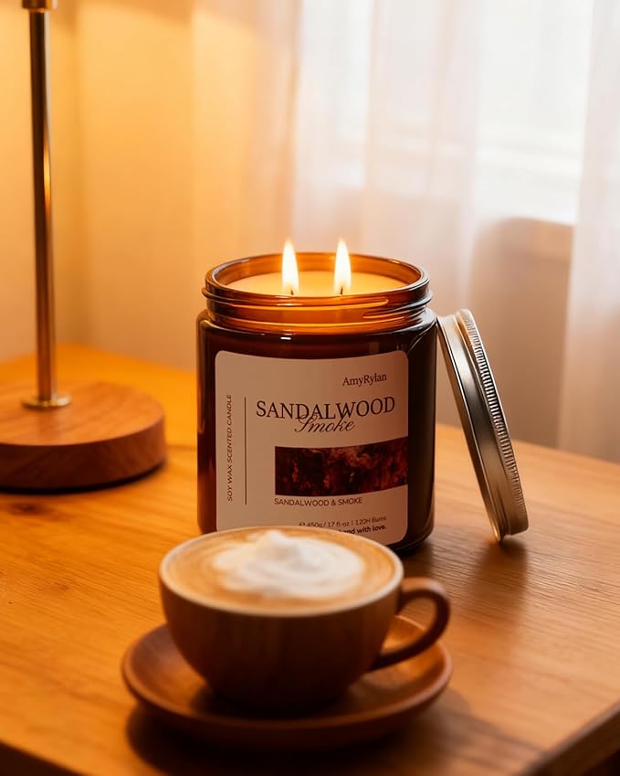 2 Wicks 17oz Large Non-Toxic Soy Wax Scented Candle, Sandalwood&Smoke 120 Hours of Burn Time, Long Lasting Candle for Gift, Cost-Effective Candle for Home Fragrance, Aromatherapy