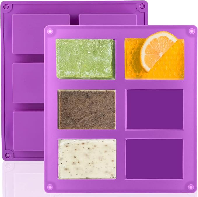 LERYKIN 2 Pack Silicone Soap Molds, 6 Cavities Rectangle Silicone Soap Molds, Great for Homemade Craft Soap Mold, Chocolate Mold, Cake Mold ＆ Ice Cube Tray - Just Pop Out（Purple