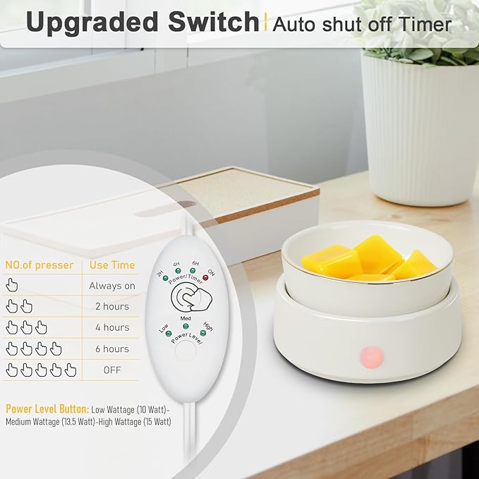 Candle Wax Melt Warmer with Safety Timer Auto Shut-Off Ceramic Electric Wax Burner Melter Timer Adjust Fragrance Intensity for Scented Wax Melts Candle Jars Essential Oils Home Office Gift Decor