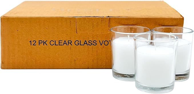 Hosley Set of 12 White Unscented Clear Glass Wax Votive Filled Candles. Hand Poured Vegetable Soy Wax Blend Up to 15 Hour Burn Time. Ideal Gift or Use for Weddings Aromatherapy Party Favor O3