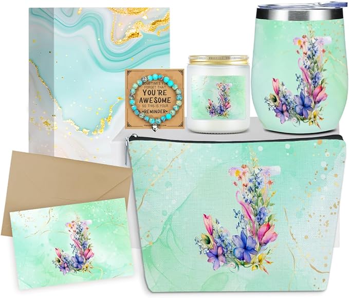 Personalized Gifts Monogrammed Birthday Gifts for Women, Maid of Honor Bachelorette Wedding Christmas Initial Wine Tumbler Makeup Bag Scented Candle Bracelet Set, (Aesthetic Green Flower J)