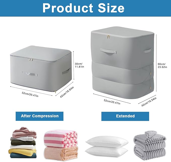 2PCS Comforter Storage Bag, 3-Layer Zipper Large Capacity Storage Bag, Ultra Space Saving Self Compression Storage Bags for Comforters, Clothes, Pillows and Bedding Sets (Grey, X-Large)