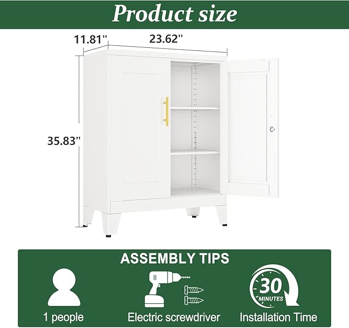 White Metal Storage Cabinet, 36" Tall Locking Storage Cabinet with 2 Adjustable Shelves, Steel Locker Organizer, for Office, Home, School, 11.81" D x 23.62" W x 35.83" H, 2PS