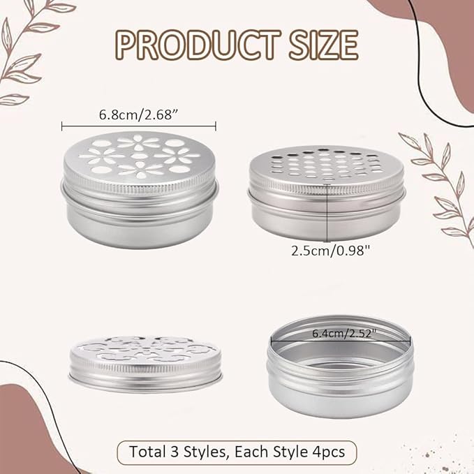 PH PandaHall 12pcs Aluminium Tins 3 Style Round Metal Container 2 Ounce Empty Metal Tins with Hollow Lids Refillable Spice Containers for Aromatherapy Air Freshener Candles Travel Storage 2.75x1 inch