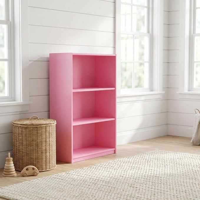 Furnifact Pink 3-Tier Adjustable Shelf Bookcase with Wooden Construction, Versatile Storage Solution, Stylish and Durable for Home or Office Use
