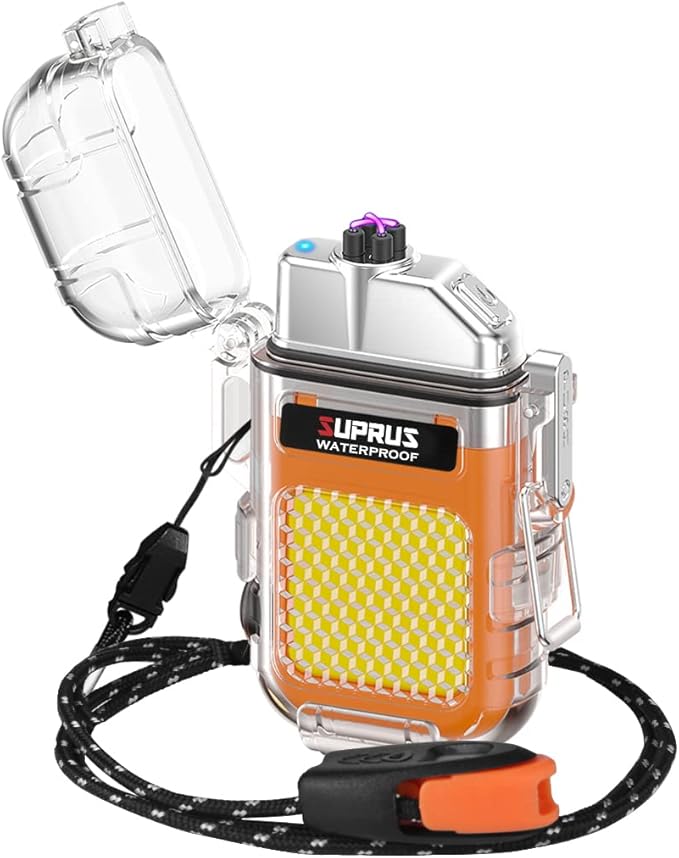 SUPRUS Waterproof 3 Modes of Flashlight Windproof Lighter Dual Arc Electric Rechargeable Dual Arc Plasma Lighter with Survival Emergency Whistle and Lanyard (Orange)