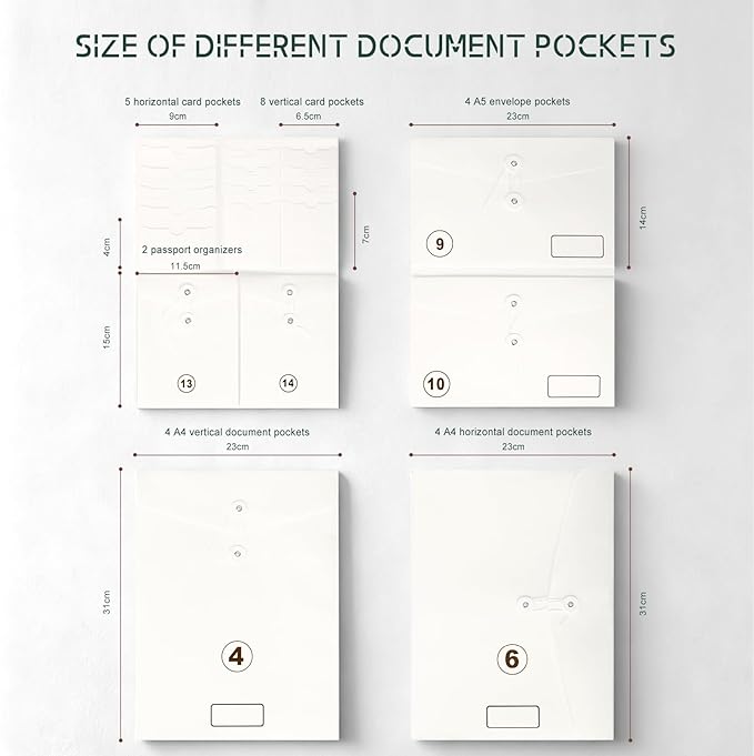 JOYCE Important Document Organizer, 14 Expandable Pockets, 13 Card Slots, for A4 Paper/Letterhead/Cards, with 2 Label Stickers, Suitable for Home, Office, School Use (Olive Green - Leather)
