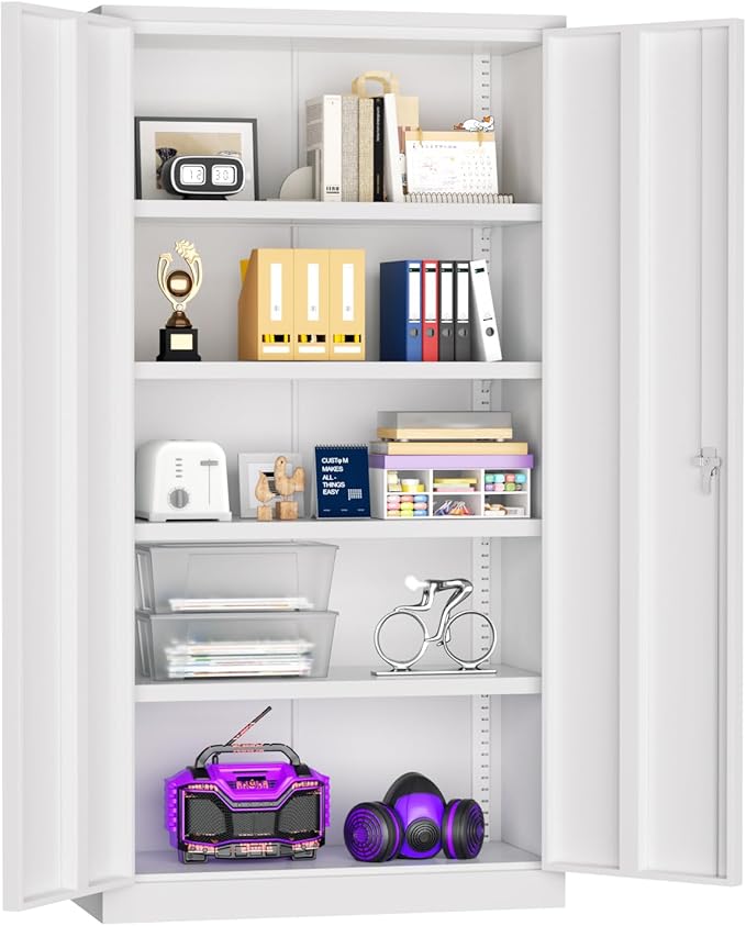 Superday Metal Storage Cabinets, 72" Storage Cabinet with Locking Door, Tall Garage Cabinet with 2 Doors and 4 Adjustable Shelves for Home Office, Classroom, Easy Assemble(White)