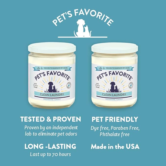 Pet's Favorite Fresh Laundry Pet Odor Candle, Clean Burning, Long Lasting Plant Based Soy Candles with a Natural Fiber Wick and 70 Hour Burn Time, Pack of 2