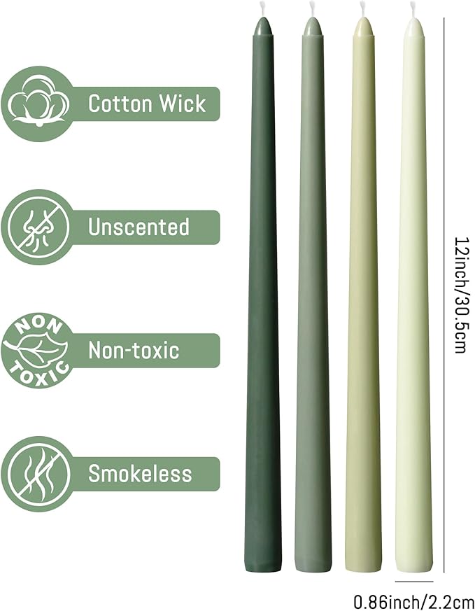 Viyffo 12 Inch Green Taper Candles 4 Pack Unscented Smokeless Long Tall Tapered Candles for Candlesticks Sticks Wedding Home Decor Dinner