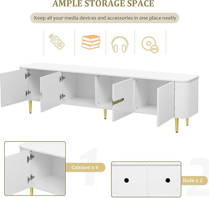 Amposei Modern TV Stand Cabinet for up to 85-Inches TVs, Media Entertainment Center Console Table with Storage for Living Room, Metal Legs, 78.7-Inch, White