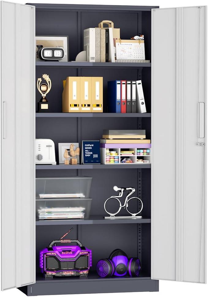 Superday Metal Storage Cabinets, 71" Storage Cabinet with Locking Door, Tall Garage Cabinet with 2 Doors and 4 Adjustable Shelves for Home Office, Classroom, Easy Assemble(White Grey)