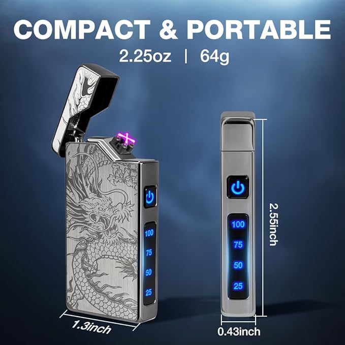 LcFun Electric Lighter - USB Rechargeable, Dual Arc Plasma Lighter, Windproof Flameless Lighters, Electronic Lighters with LED Battery Indication Gifts for Men Boyfriend Husband (Dragon Black)