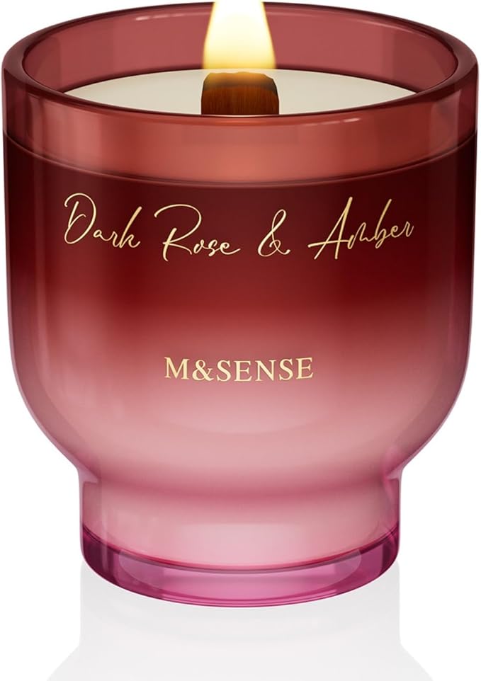 M&SENSE 9.88oz Natural Soy Wax Jar Candle with Wooden Wick | Dark Rose Amber Scent | 55-Hour Burn & Long-Lasting Burn | Housewarming Gift for Men and Women