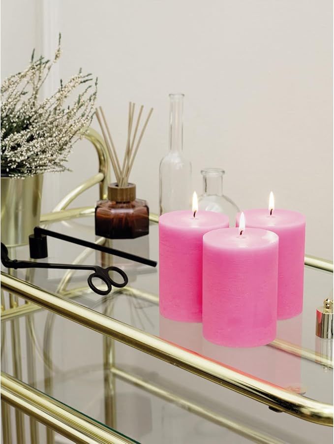 CANDWAX 3x4 inch Pillar Candles Set of 3 – Unscented Dripless Rustic Hot Pink Candles for Wedding Tables, Parties, Gender Reveal Party
