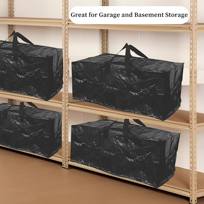 Evelots Large Packing Bags for Moving 4 Pack Storage Totes for Space Saving with Zippers & Carrying Handles for Camping, Garage, Outdoor Patio Cushion, Clothes, Comforters Storage Bags Black