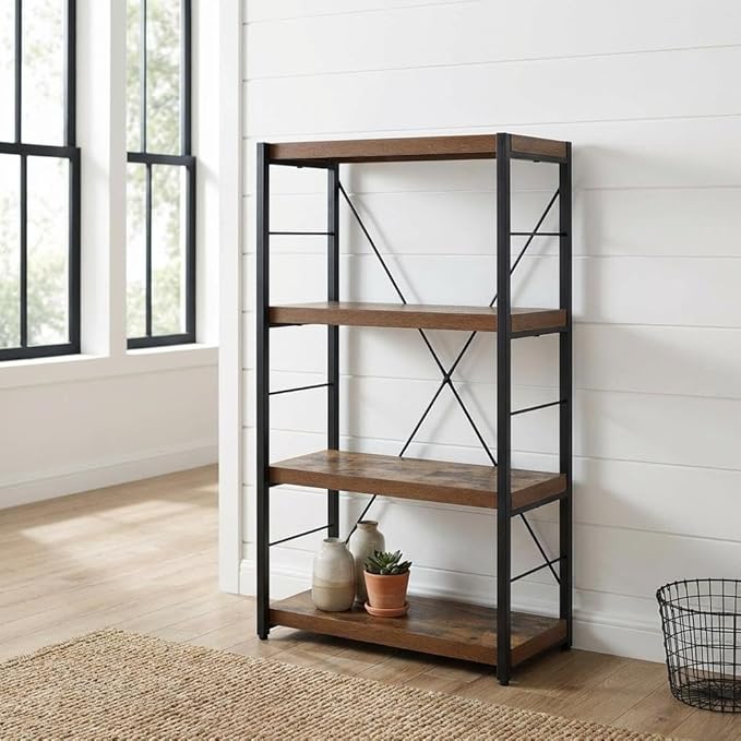 Furnifact Weathered Oak and Black Bob Bookshelf, Modern Bookcase, Ample Storage, Durable, for Living Room or Office