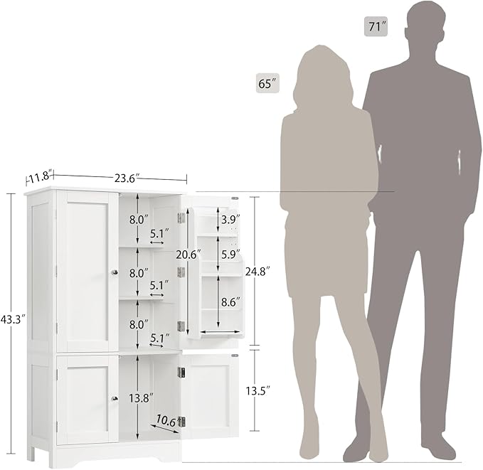 TEENFON 43'H Pantry Cabinet with 4 Doors, Kitchen Cabinet with 6 Door Shelves, Storage Cabinet-Kitchen Pantry for Living Room, Dining Room, Bathroom, White