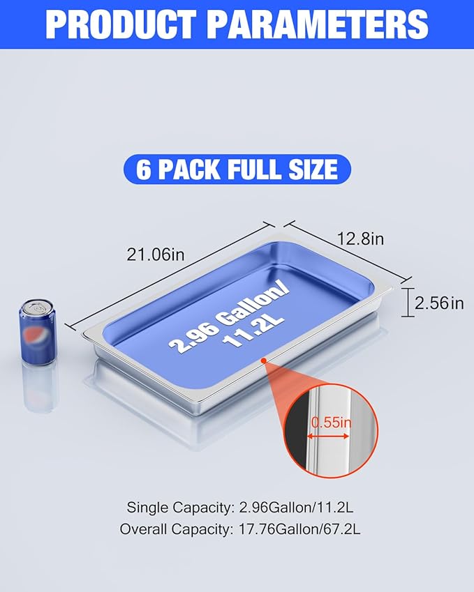 Steam Table Pan Hotel Pans: Full Size 6 Pack 2.5 Inch Deep Stainless Steel Hotel Pan for Food - Commercial Catering Pan for Hotel Restaurant Buffet Party Supplies