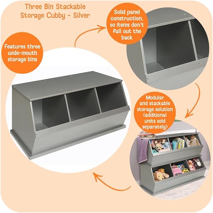 Badger Basket Stackable 3-Bin Storage Cubby - Modular Toy and Craft Organizer with Wide Mouth Bins, Expandable Design, Solid Panel Construction - Compatible with Other Units - Silver